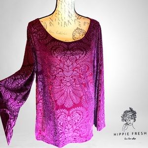 Fuchsia Velvet Burnout Blouse W Bell Sleeves New W Tags Size XL